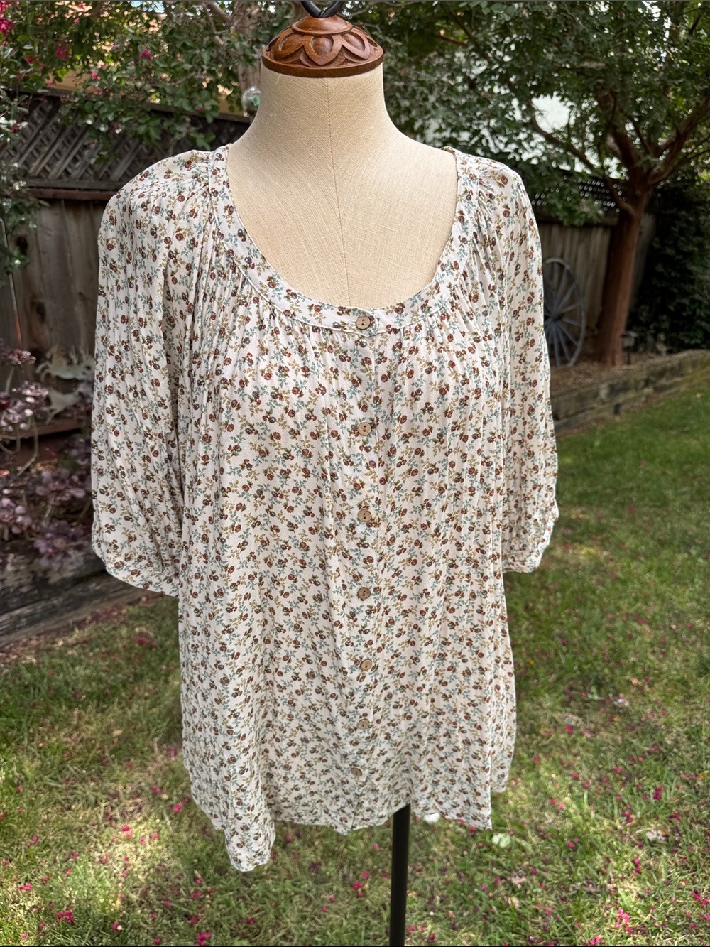 Karen Kane Cream Floral Button-Front Boho Peasant Blouse Shirt Women's 2X